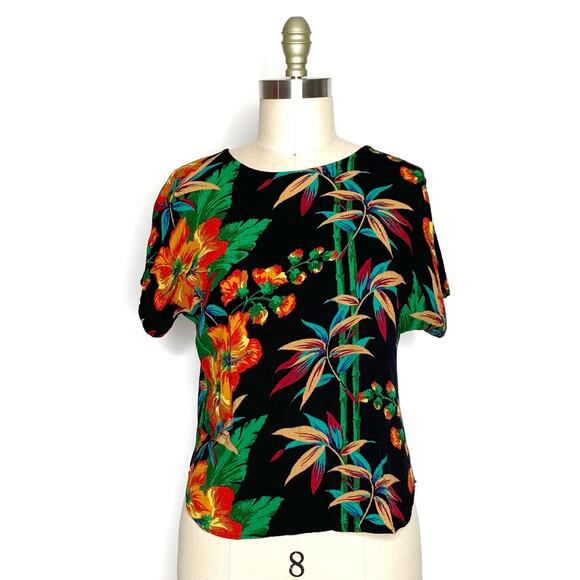 VINTAGE 80s {Sharon Anthony} Tropical Print Gauze Short Sleeve Blouse Top Medium - Picture 9 of 9